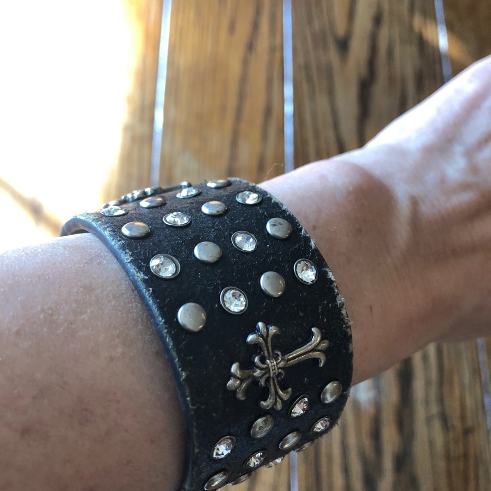 Distressed black leather cross cuff